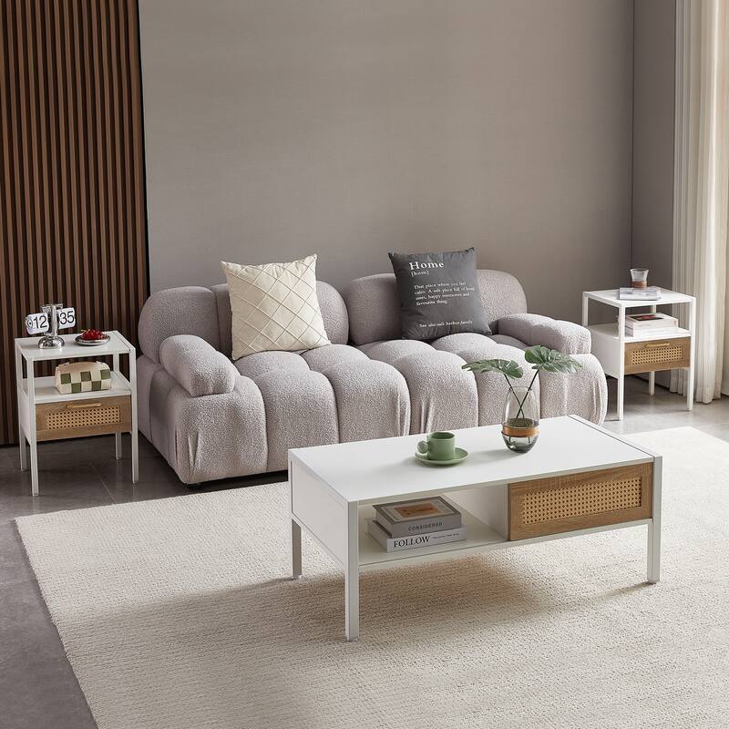 Set of 2 Rattan End Tables with Drawer, 15.75" Nightstands with Metal Legs for Living Room & Bedroom, Natural & White Finish