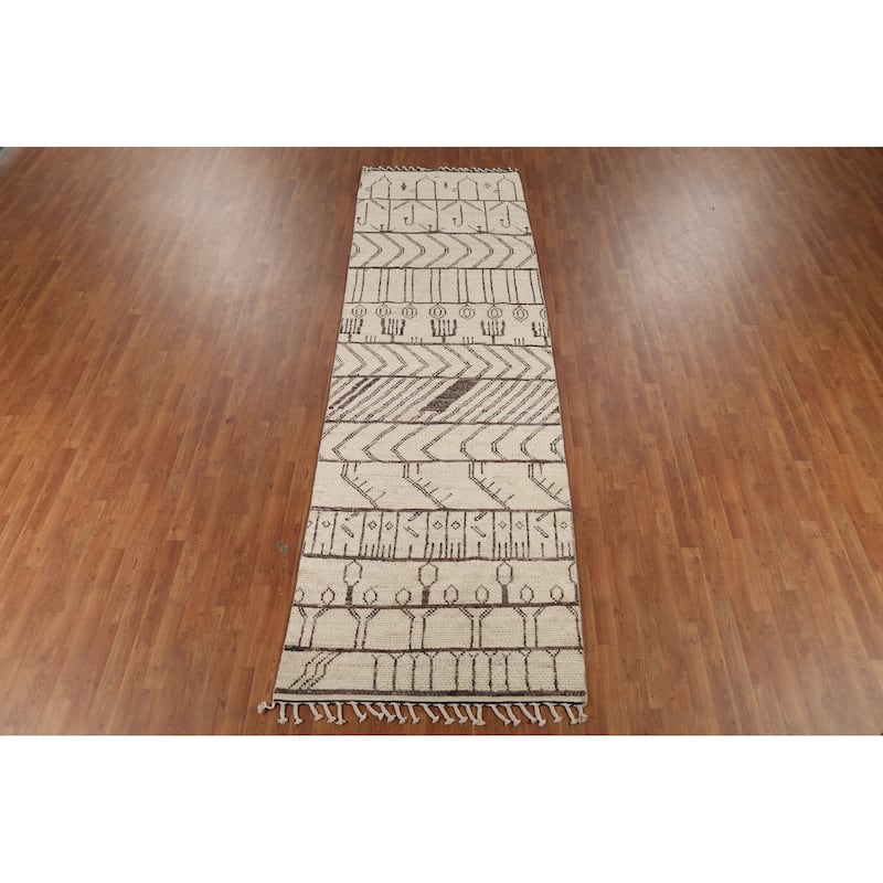 Geometric Ivory Moroccan Oriental Runner Rug Hand-Knotted Wool Carpet - 3'10"x 12'7"