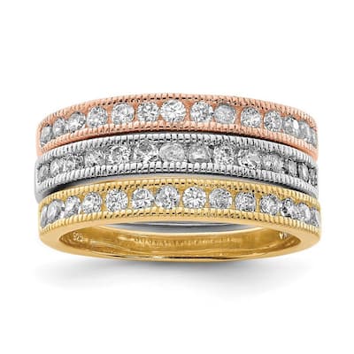 Curata 925 Sterling Silver Solid Back Gold Plated Polished Trio CZ Cubic Zirconia Simulated Diamond Rings