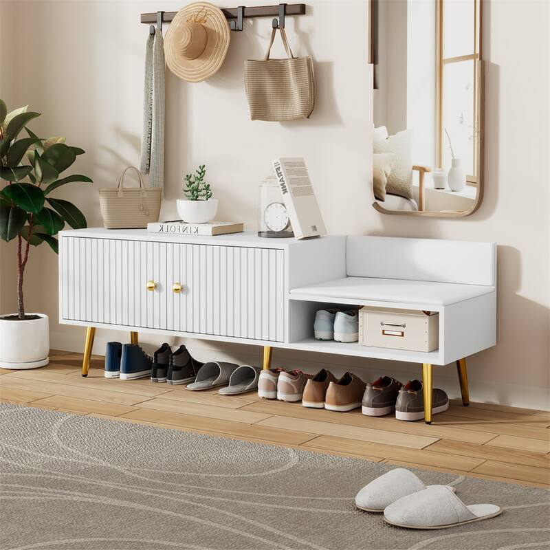 Modern Shoe Storage Bench with Hidden Storage and Upholstered Cushions - White
