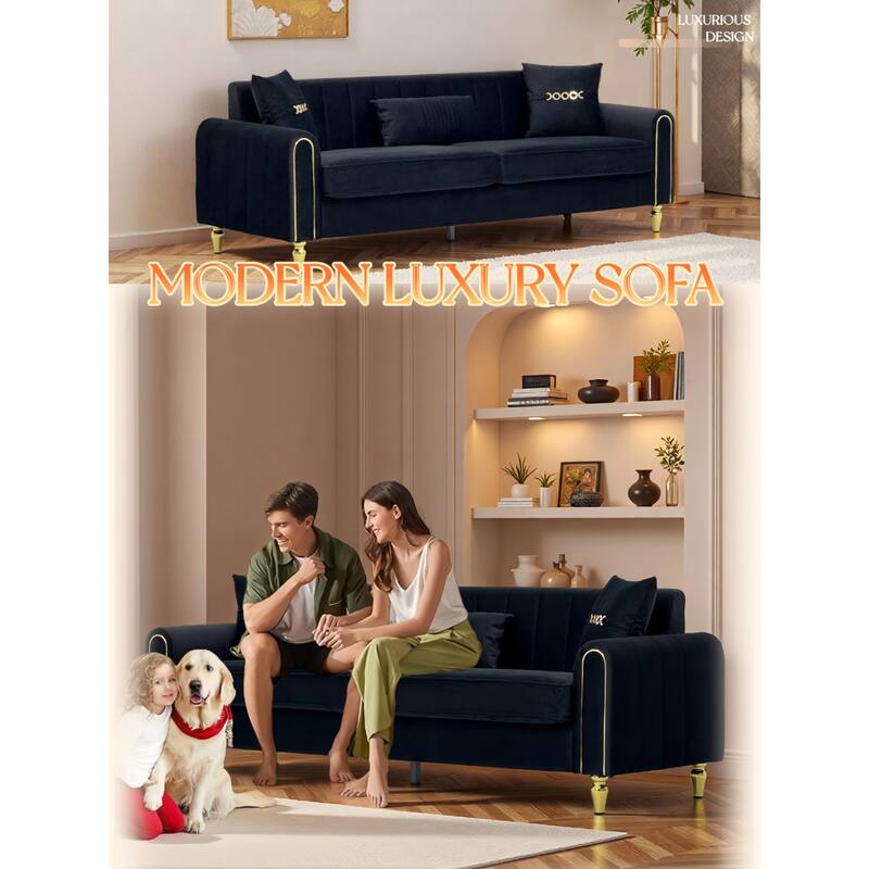 Roomfitters 87.4 Inch 3 Seater Elegant Modern Upholstered Sofa with Gold Metal Trim, Vertical Channel Tufted Back