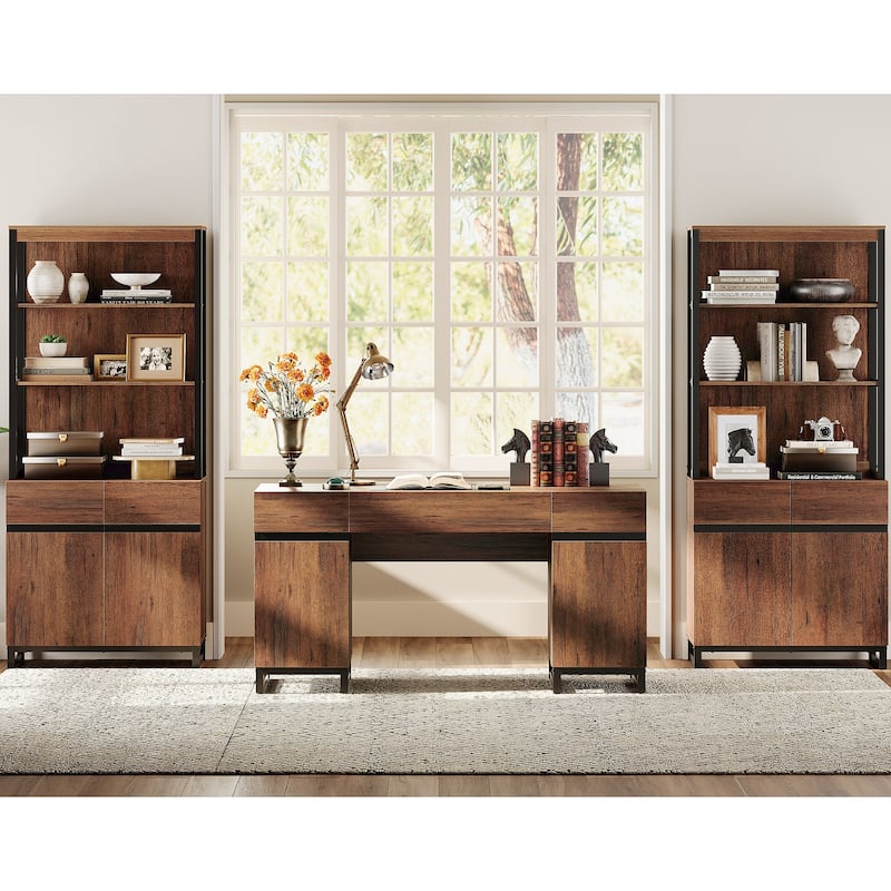 WAMPAT 59" Modern Executive Desk with Charging Station & Storage Cabinet + 72" Tall Bookcases.