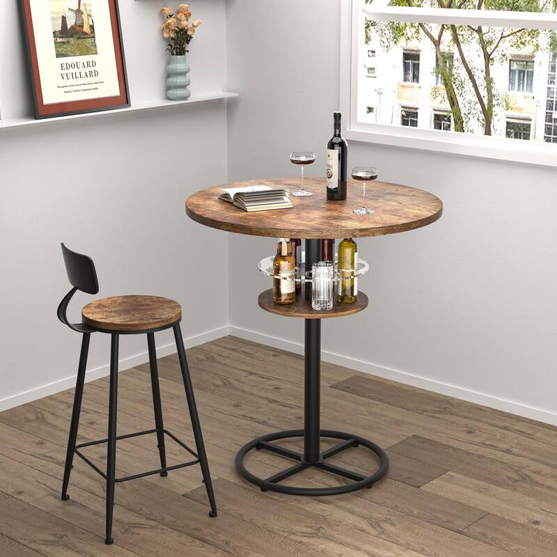 VECELO 23.6" Round Bar Table with Built-In Wine Rack 0.5 Inch MDF Top Waterproof Wear-Resistant for Home Game Nights - Bar Table - Brown