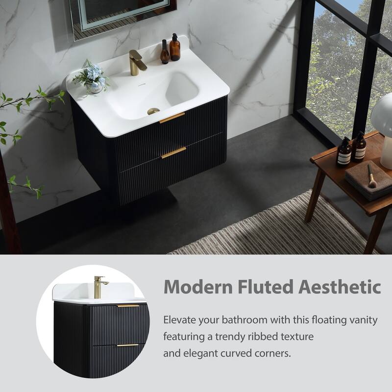Modland Fluted Floating Vanity with Sink, Plywood Wall Mount Cabinet, Curved Edge, 24/30/36 Inch