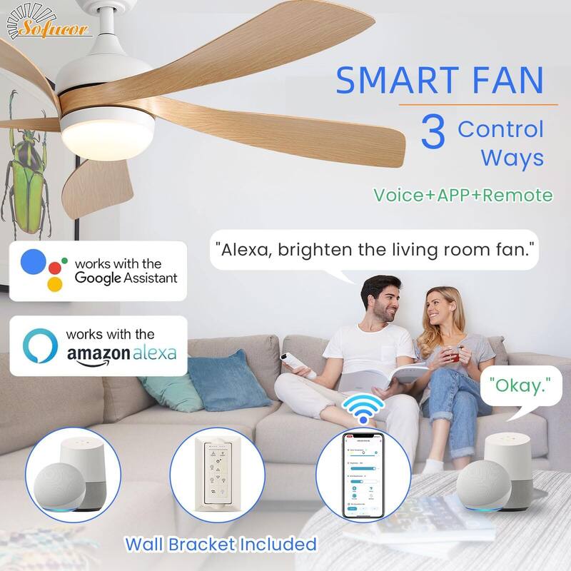 52 Inch Ceiling Fan with Remote & Lights Quiet DC Motor 5 Blade High CFM Modern Fan