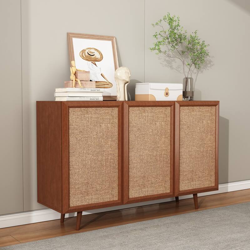 Medieval-Style Modern Rattan Buffet Sideboard Cabinet, Decorative Storage Cabinet with Adjustable Shelves, for Entryway