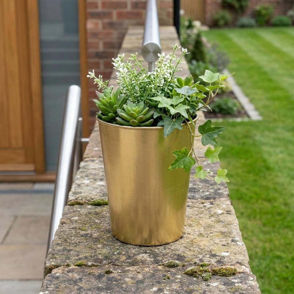 HomeRoots 5" Gold Recycled Plastic Indoor Outdoor Round Pot Planter