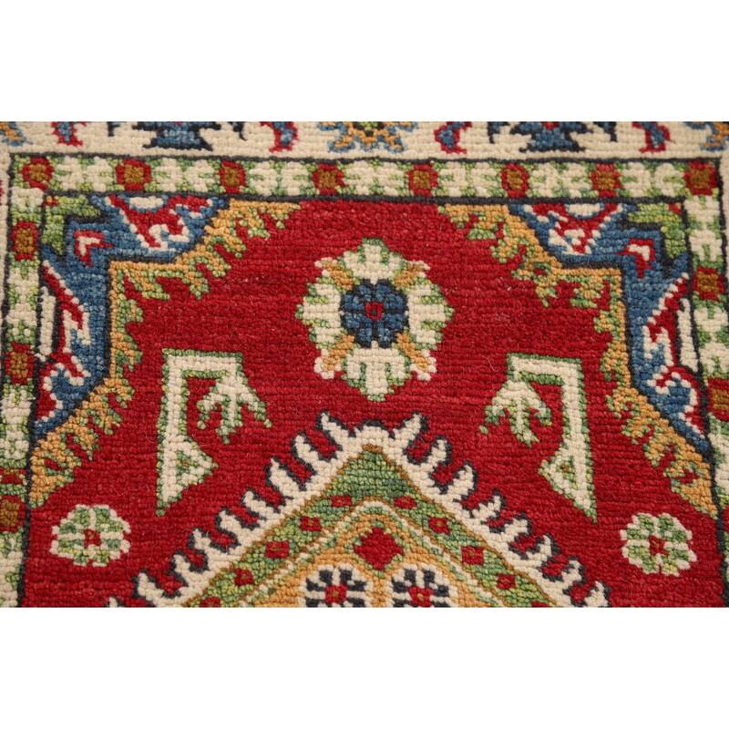 Red Kazak Foyer Rug Hand-Knotted Geometric Wool Carpet - 2'0" x 3'2"