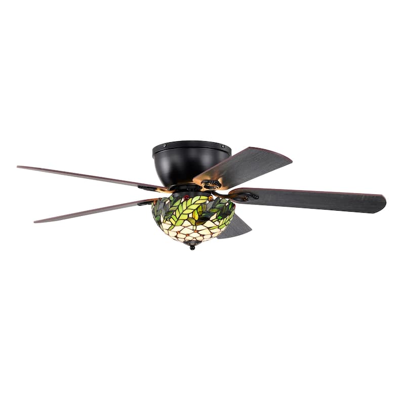 Kyemon 52-Inch Flushmount Lighted Ceiling Fan White Green Fronds Tiffany Glass Lamp Black Finish
