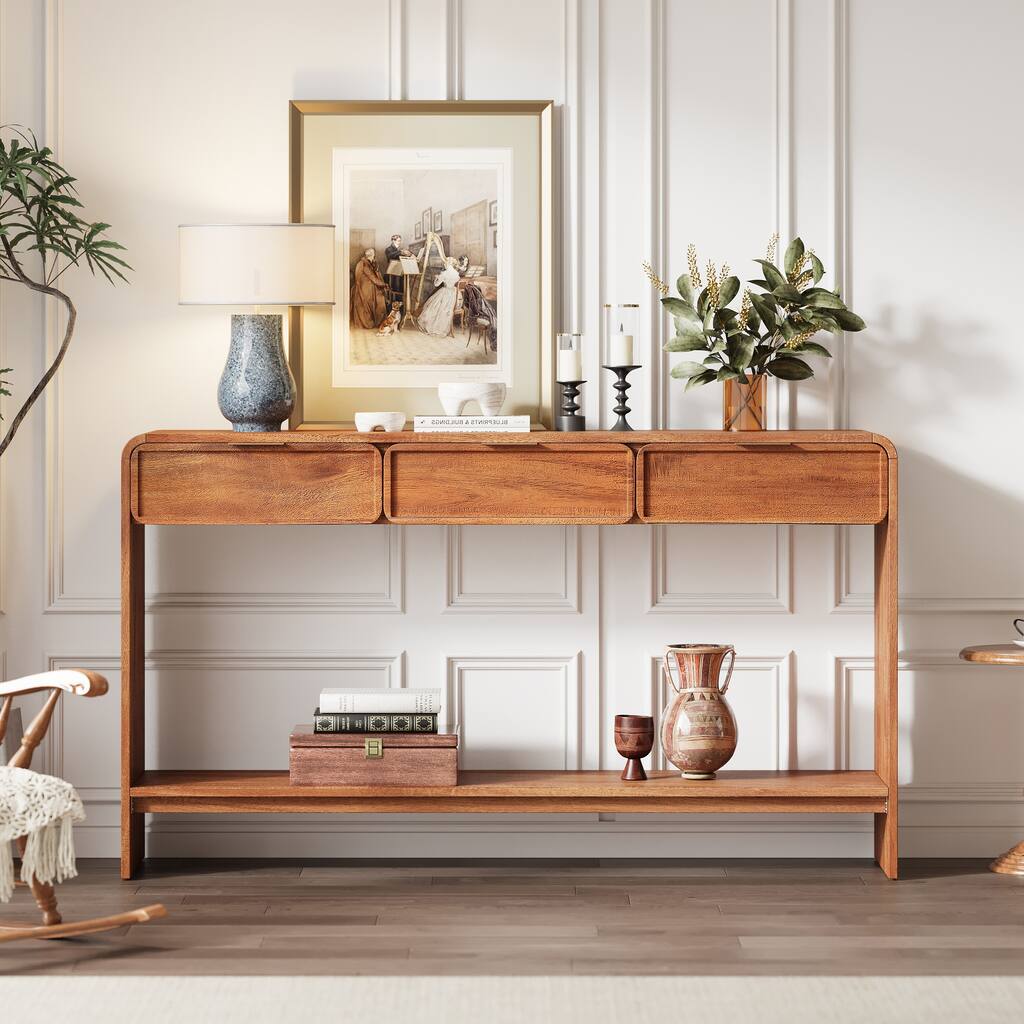 Christopher Knight Home - Alora Natural Acacia Console Table with 3 Drawers and Open Shelf for Living Room or Hallway Storage