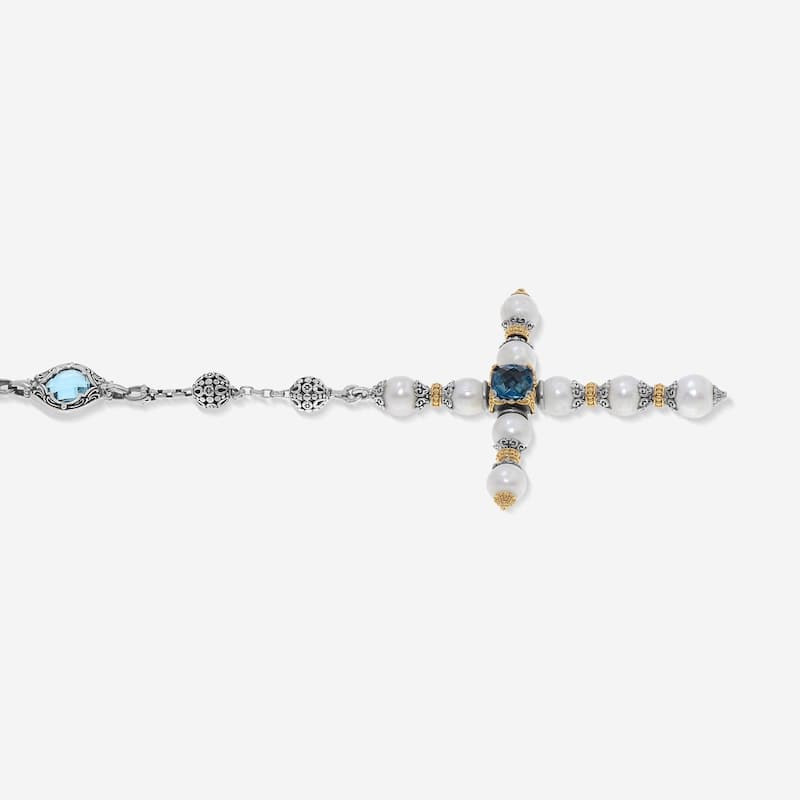 Konstantino Kleos Sterling Silver & 18K Yellow Gold, London Blue Topaz, Pearl & Iolite Lariat Cross Necklace - 28"