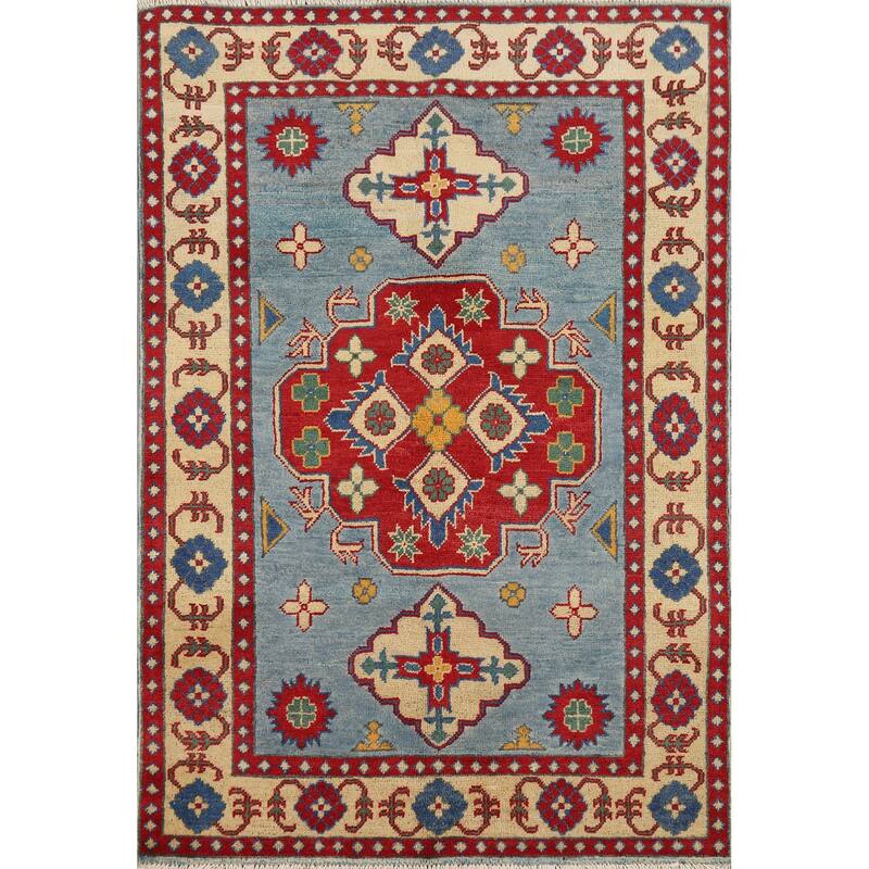 Blue Geometric Kazak Oriental Accent Rug Handmade Wool Carpet - 3'4" x 4'9"
