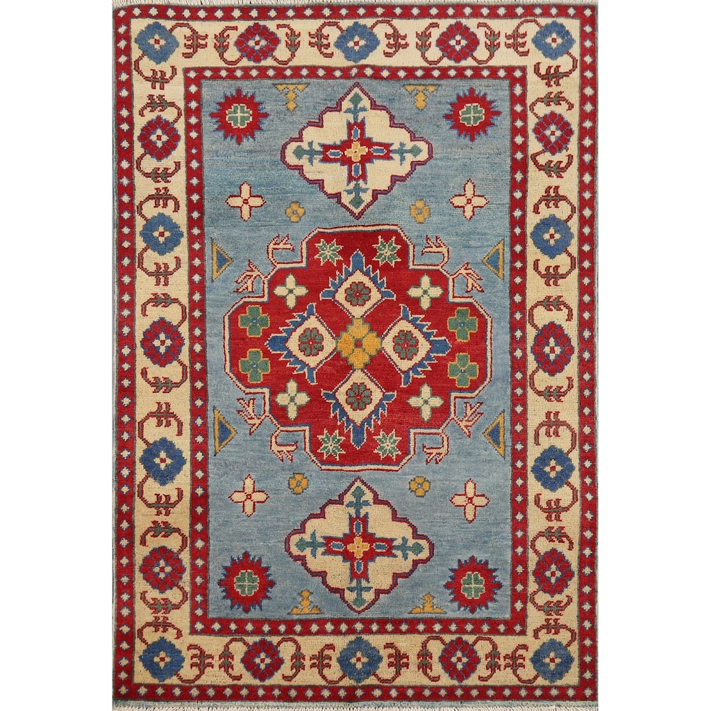 Blue Geometric Kazak Oriental Accent Rug Handmade Wool Carpet - 3'4" x 4'9"
