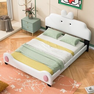 Pink+White Upholstered Platform Bed with Cute Cartoon Design