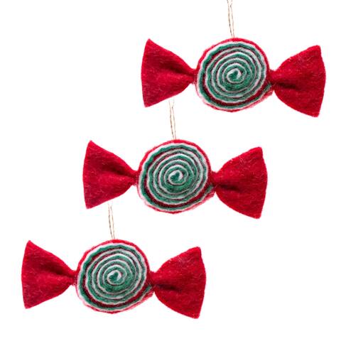 Classic Christmas Candy Handmade Felt Ornaments, Set of 3