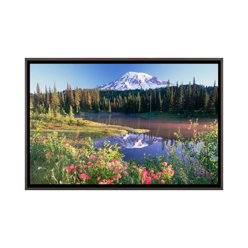 iCanvas "Mt Rainier And Wildflowers At Reflection Lake, Mt Rainier National Park, Washington" by Tim Fitzharris Framed - Charcoal - 26x40