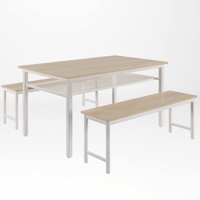 3 Pieces Farmhouse Kitchen Table Set with Two Benches, Metal Frame and MDF Board