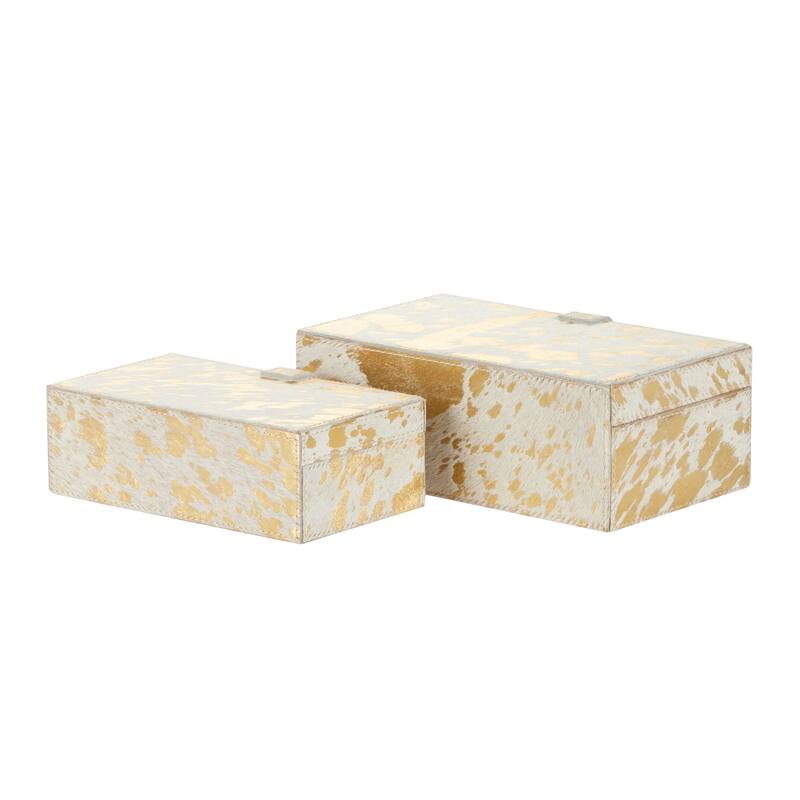 Gray, Silver or Gold Leather Handmade Cowhide Storage Box with Silver Foil Accents (Set of 2)