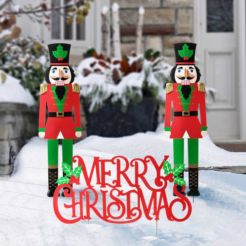 Glitzhome Metal Nutcracker Snowman with Word Sign Christmas Yard Stakes Xmas Wall Decor(Set of 3 )