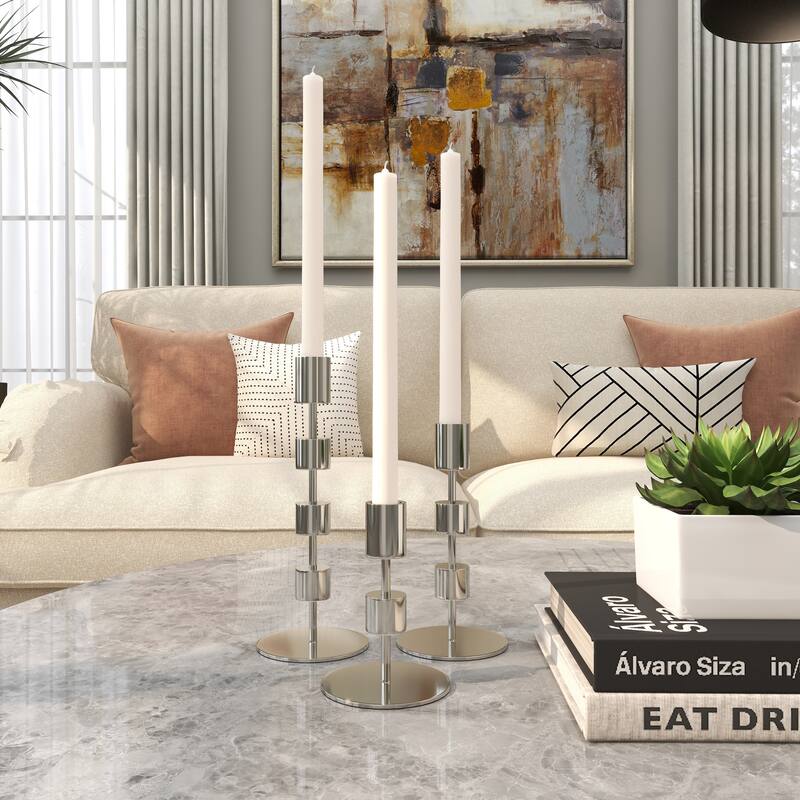 Aluminum Metal Abstract Floating Block Decorative Candle Holder with Rounded Base - Set of 3 Silver or Gold - Roche River Decor