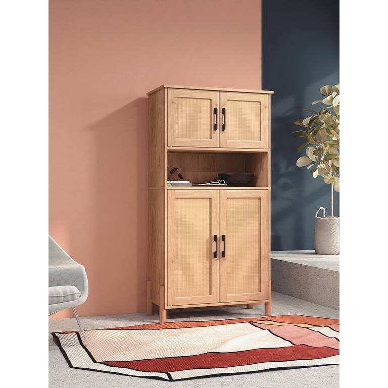 Mid-Century Modern 4-Door Storage Cabinet with Woven Rattan Doors & Adjustable Shelves - Perfect for Living Room & Dining Room