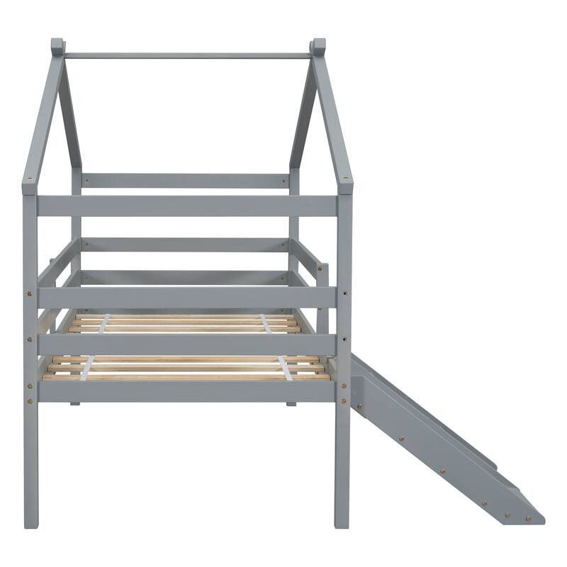 Twin Low Loft House Bed with Slide, Ladder, Safety Guardrails, House Roof Frame