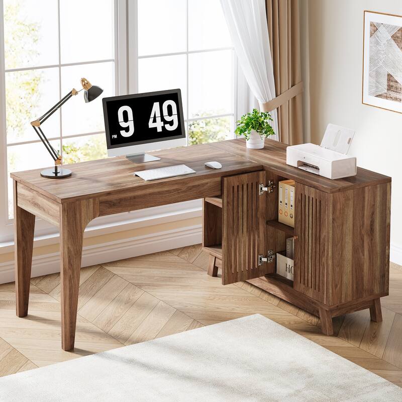 57'' Wood L-Shaped Corner Computer Desk Writing Table with Cabinet