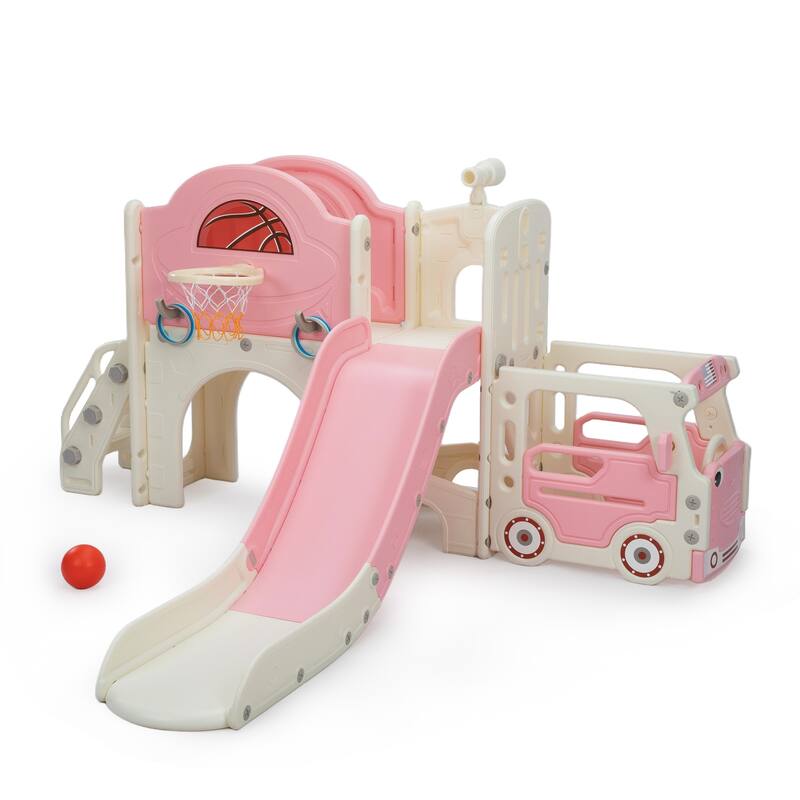 Bus-Themed 9-in-1 Kids Slide & Climbing Playset,Freestanding Castle Playhouse