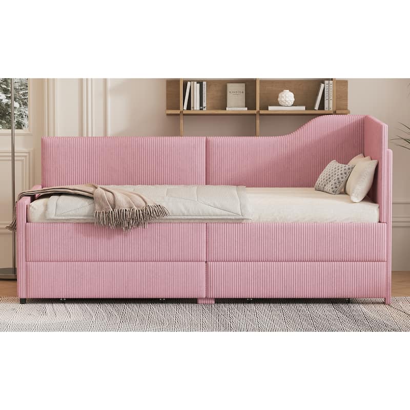 Pink Twin L-Shaped Upholstered Daybed with Corduroy Fabric and 2 Storage Drawers, Space-Saving Platform Bed Frame