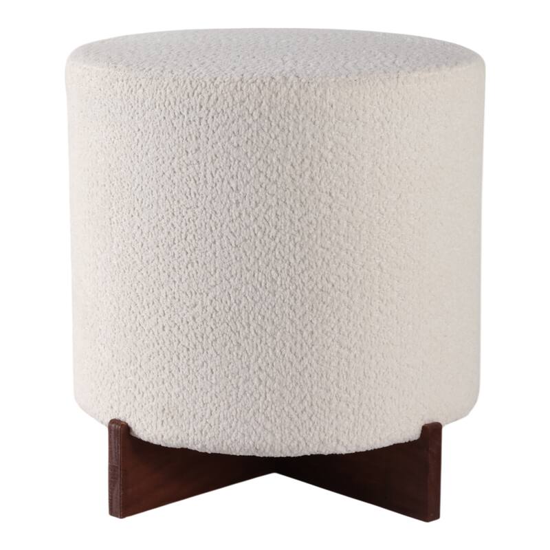 Velvet Round Ottoman Sherpa Finish and X-Base Wood Frame - 18" Ivory