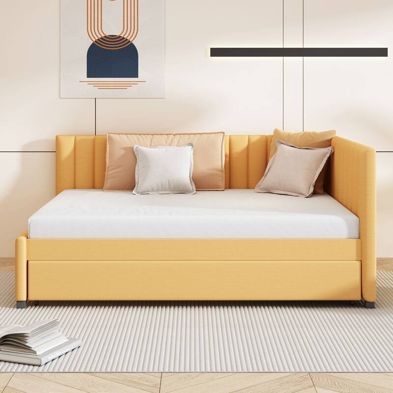 Full Size Upholstered Daybed with Trundle Sofa Bed Frame No Box Spring Needed, Linen Fabric - Yellow