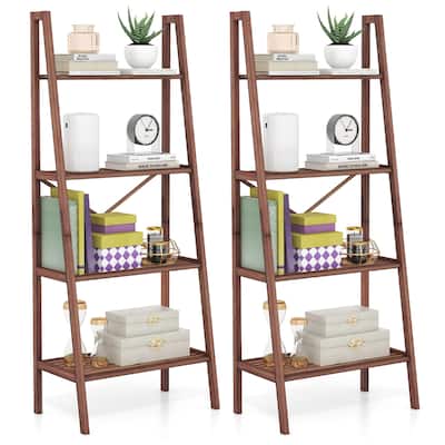 Gymax 2 PCS 4-Tier Bamboo Ladder Bookshelf 58'' Display Shelf Storage