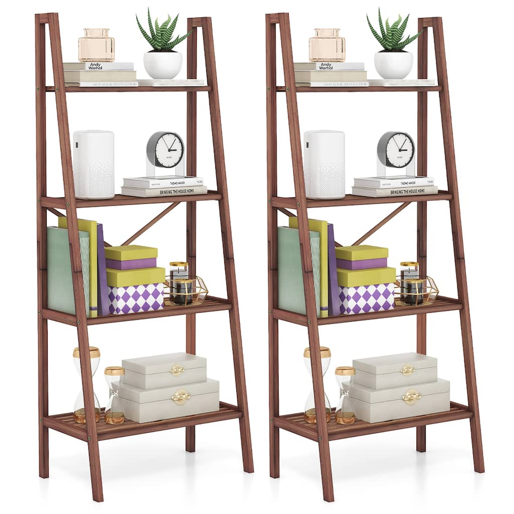 Gymax 2 PCS 4-Tier Bamboo Ladder Bookshelf 58'' Display Shelf Storage