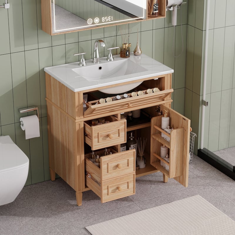 30 Inch Bathroom Vanity with Sink, Solid Wood Cabinet with Flip-Out Drawer and Soft-Close Doors