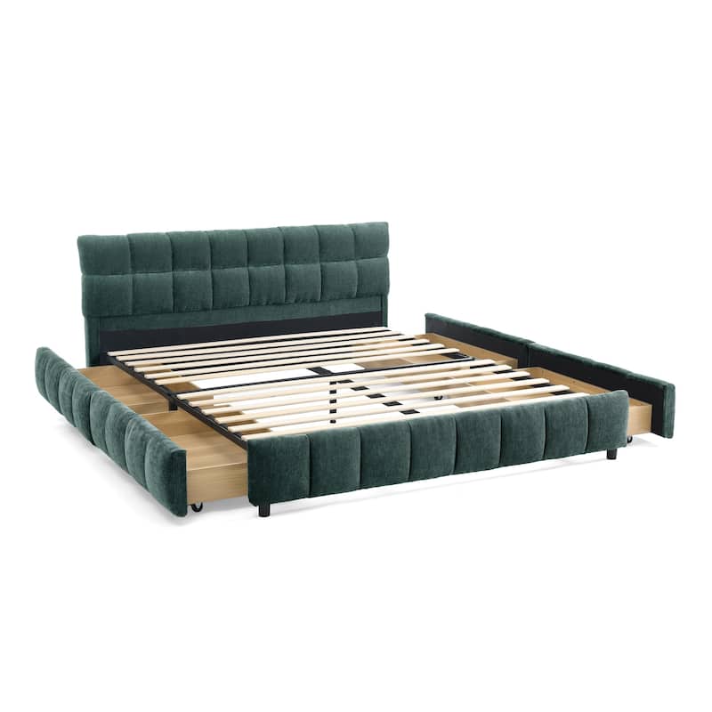 Queen Size Upholstered Bed with Storage Drawers, Soft Chenille Fabric Frame, Modern Platform Bed with Headboard