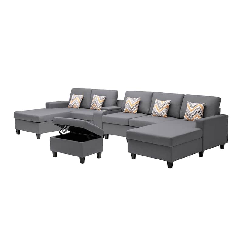Linen Fabric 7 Piece U-Shaped Double Chaise Sectional Sofa with Interchangeable Legs and Storage Console Table