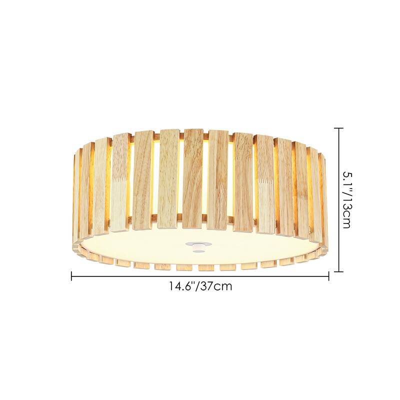 14.2" Rustic Boho Wooden Strips Cylindrical Drum Shade LED Flush Mount Ceiling Light for Living Room