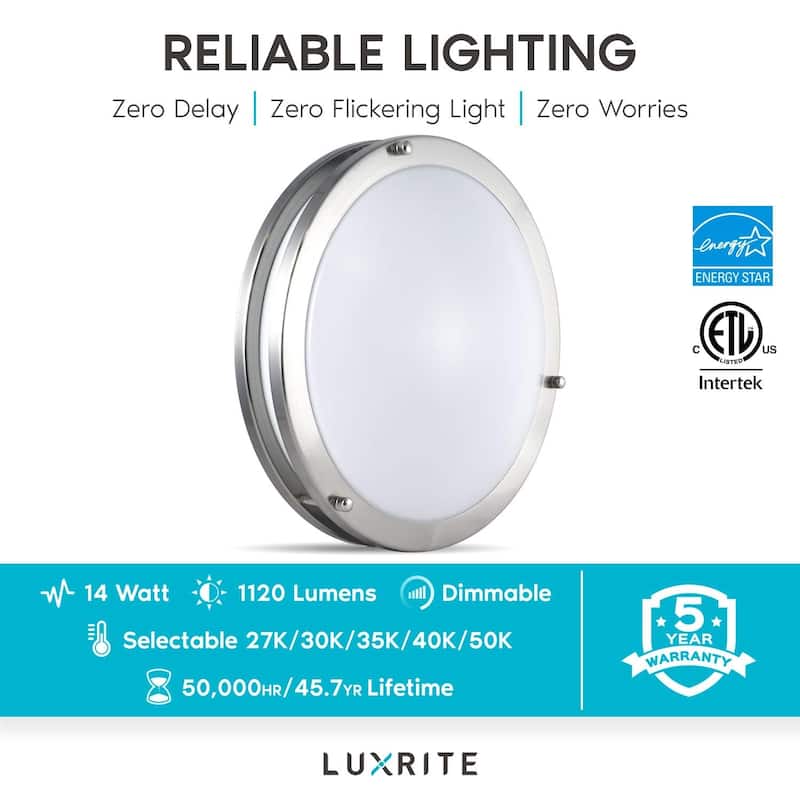 Luxrite 12 Inch LED Flush Mount Ceiling Light, Color Temperature Selectable 2700K | 3000K | 3500K | 4000K | 5000K