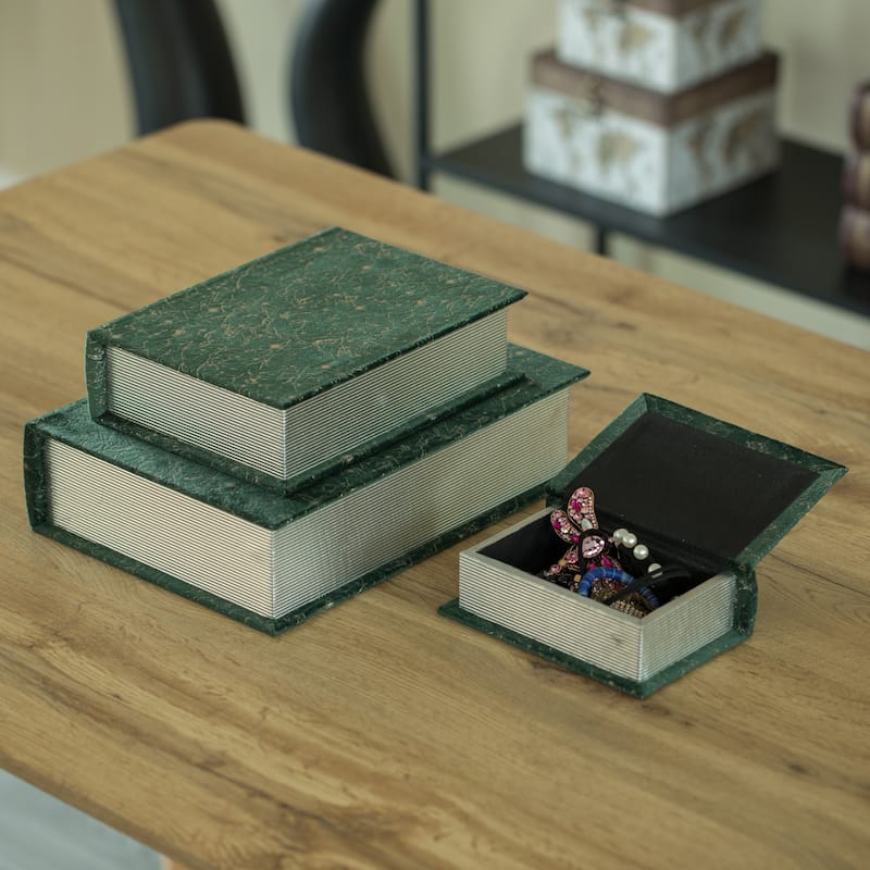 Set of 3 Velvet Vintage Storage Wooden Antique Classic Decorative Book Box Holder