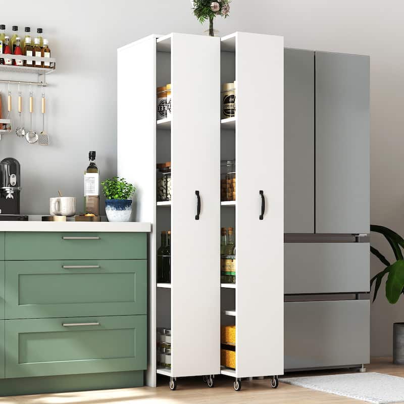 4-Tier Slide-Out Bookcase with Wheels, Narrow Hidden Storage Cabinet with Pull-Out Shelving for Home Office - White