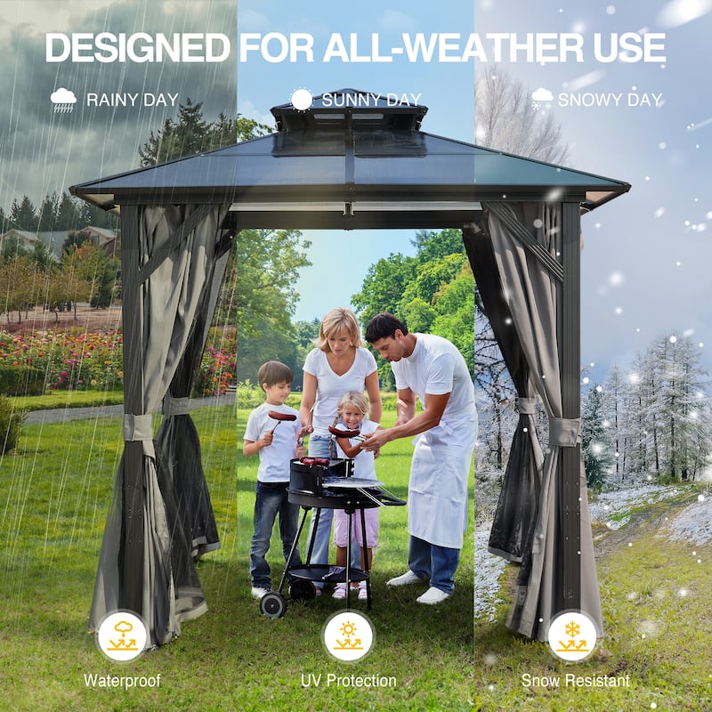 8 x 8FT Outdoor Hardtop BBQ Grill Gazebo with UV-Resistant Polycarbonate Roof