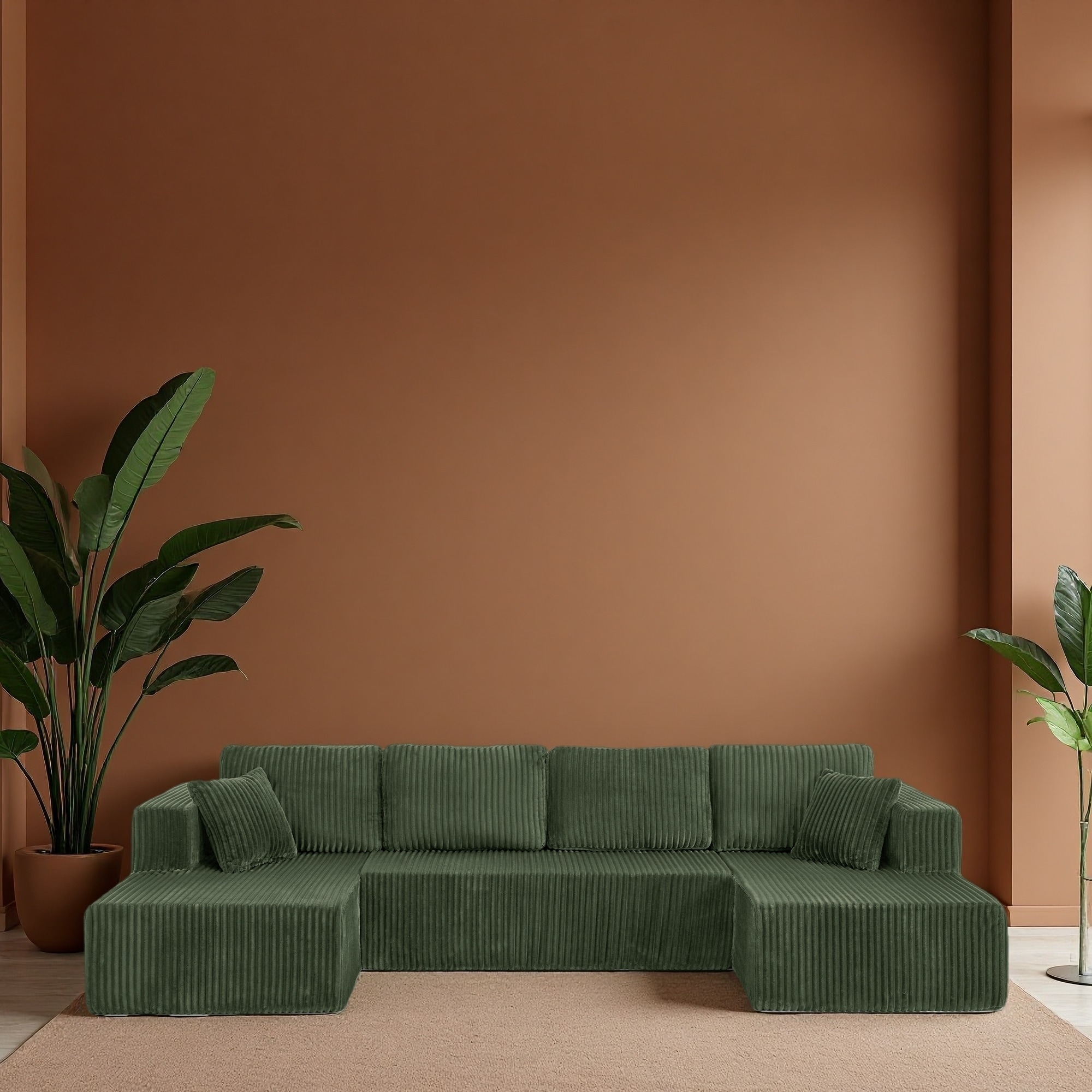 132.5" Corduroy U-Shaped Modular Sectional Sofa, Reversible, 5-Seater