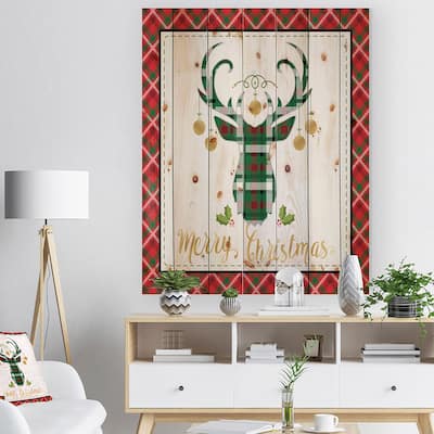 Designart 'Christmas Wish composition on Plaid' Print on Natural Pine Wood - Red