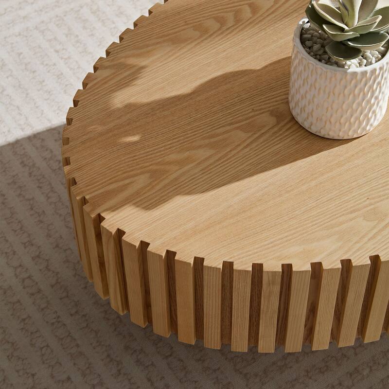 Oval Compact Low Coffee Table Handcraft Drum Small Center Table with Side Fluted Design and Wood Grain for Living Room Office