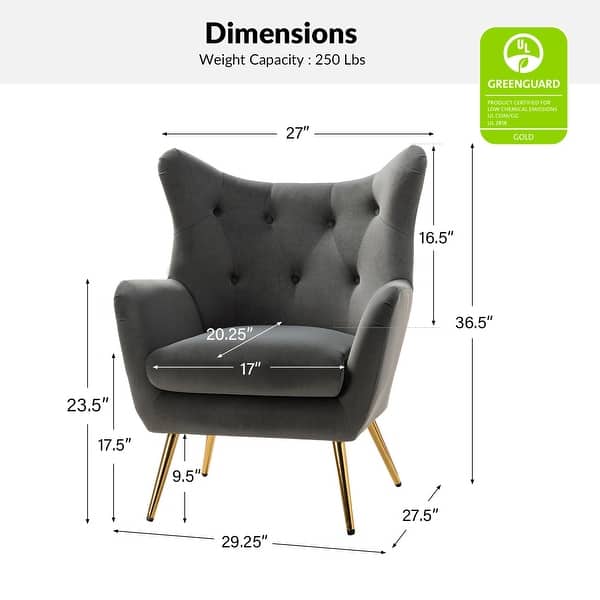 dimension image slide 12 of 15, Eusebio Tufted Velvet Accent Chair with Wingback, Arms, and Metal Gold Legs for Living Room or Bedroom by HULALA HOME