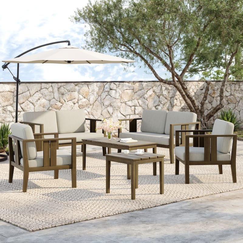 Teak Wood 6-Piece Outdoor Conversation Set with Table - Brown frame - Light Camel/Brown