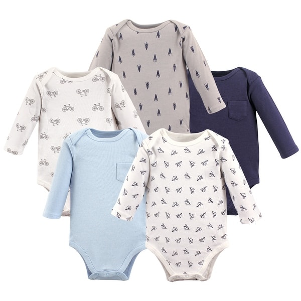 slide 1 of 1, Hudson Baby Infant Boy Cotton Long-Sleeve Bodysuits 5pk, Basic Paper Airplane 0-3 Months - Basic Paper Airplane