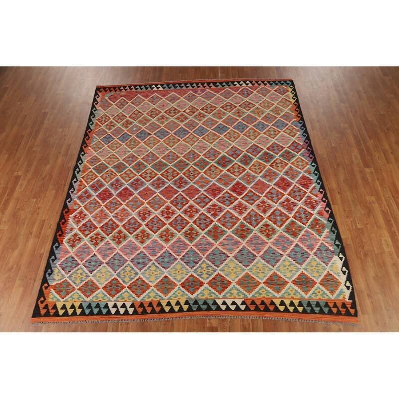 All-Over Trellis Kilim Area Rug Flatweave Wool Carpet - 8'3" x 9'10"