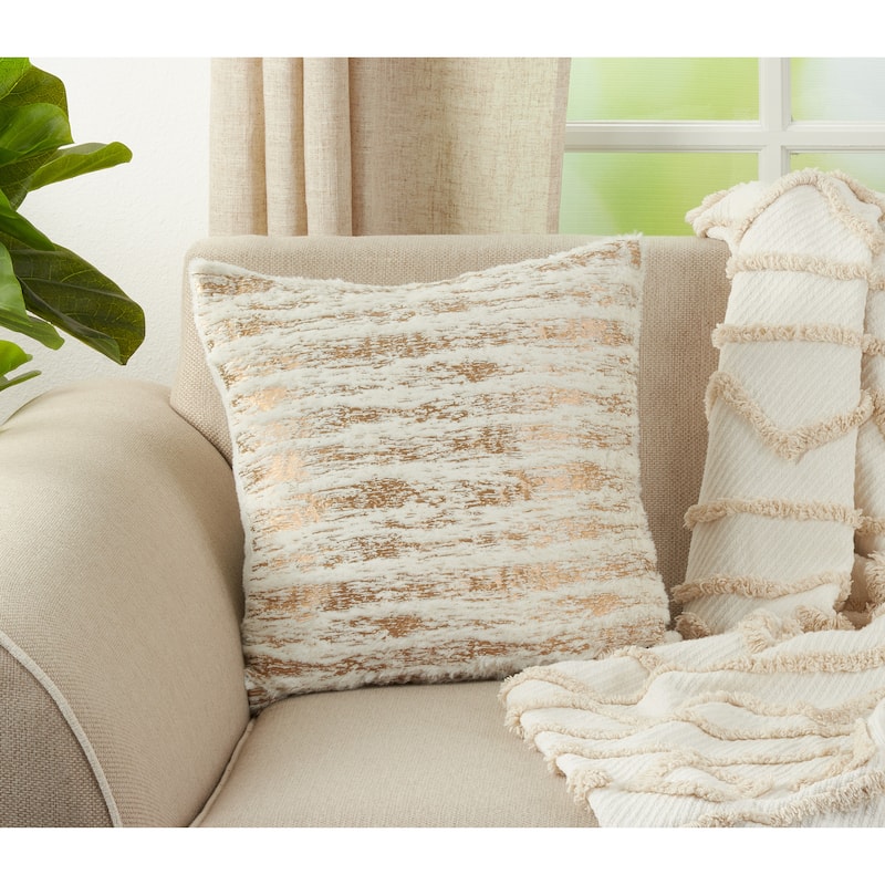 Faux Fur With Brushed Metallic Foil Print Down Filled Throw Pillow - Gold - 15"X15"