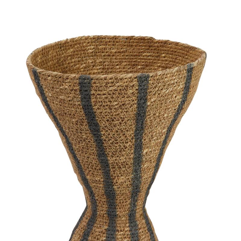 Hand-Woven Seagrass Hour Glass Shape Vase with Stripes, Natural & Black